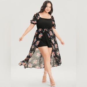 Floral Pocket Split Front Chiffon Overlay Romper - xl